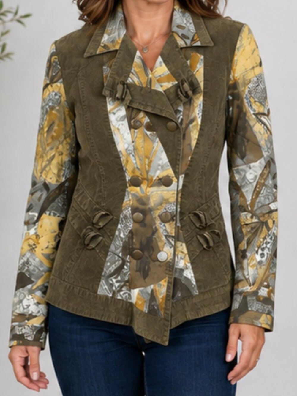 Cache Olive Green Abstract Botanical Military Jacket Y2K Statement- Sz S or M